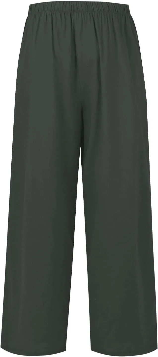 fanmpghleoo Wide Leg Linen Pants for Women Plus Size Palazzo Pants Casual Drawstring Flowy Beach Linen Trousers with Pockets