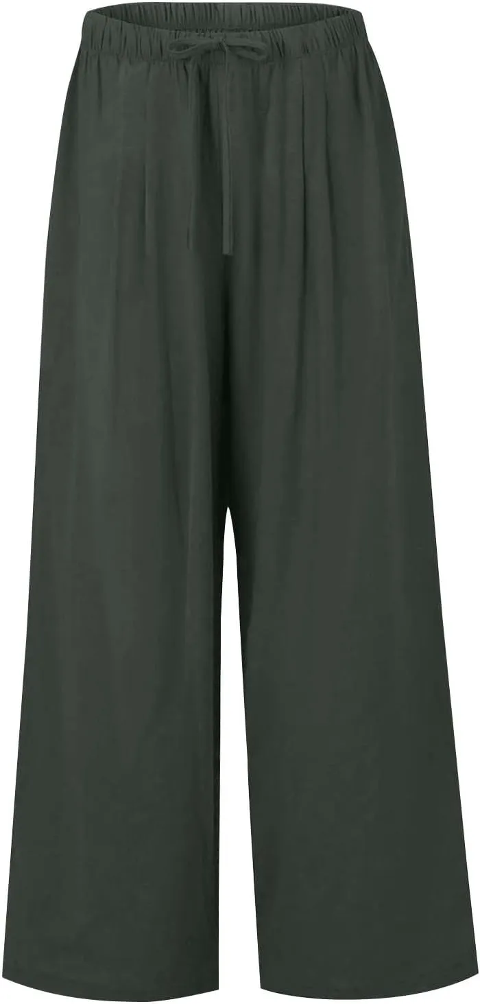 fanmpghleoo Wide Leg Linen Pants for Women Plus Size Palazzo Pants Casual Drawstring Flowy Beach Linen Trousers with Pockets