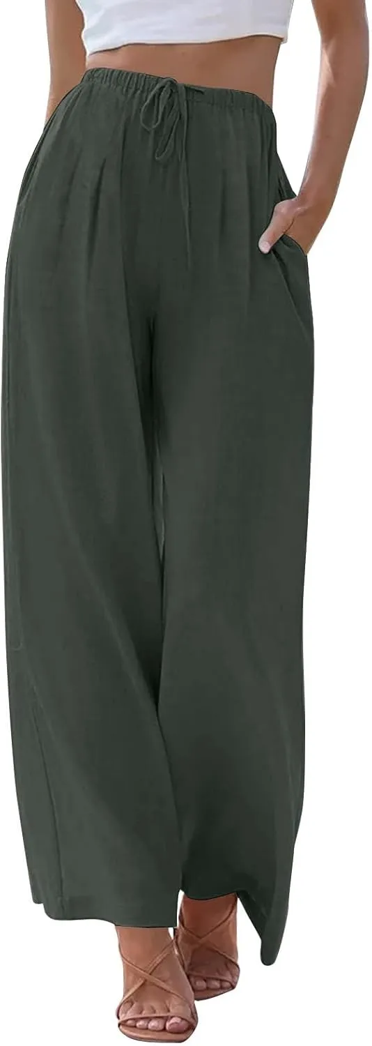 fanmpghleoo Wide Leg Linen Pants for Women Plus Size Palazzo Pants Casual Drawstring Flowy Beach Linen Trousers with Pockets