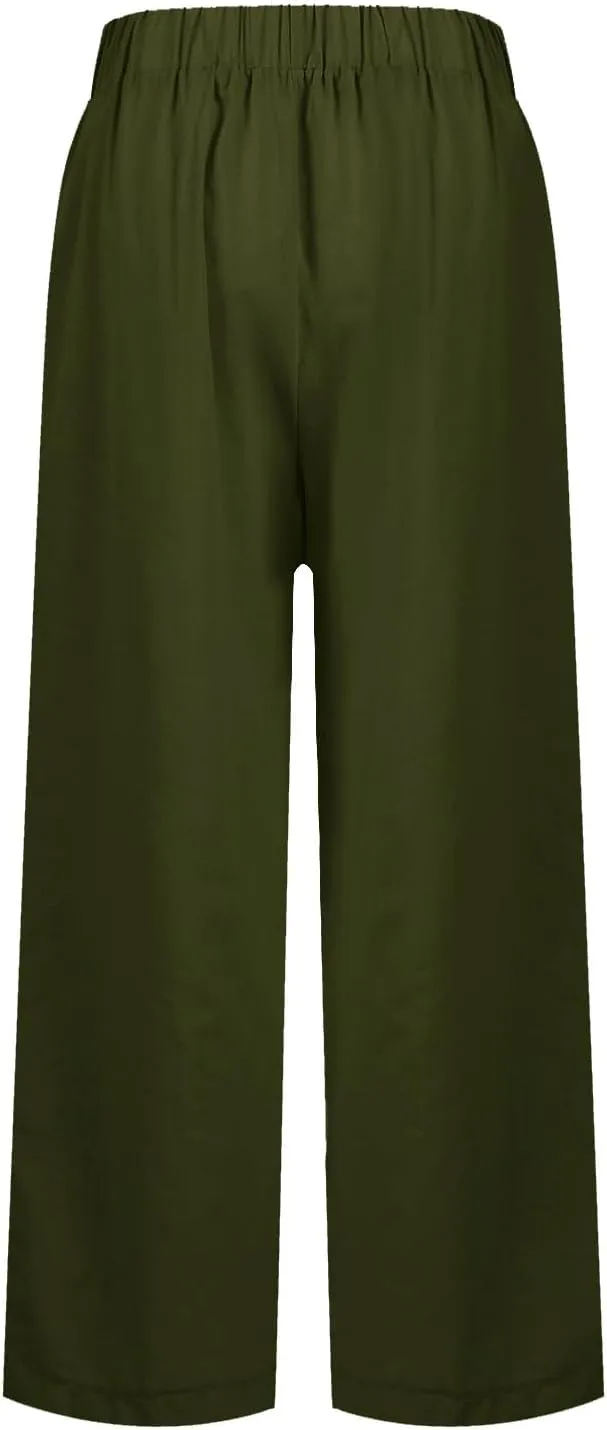 fanmpghleoo Women's Summer Casual Linen Pants Elastic Waist Loose Fit Straight Leg Crop Pants Beach Trousers with Pockets