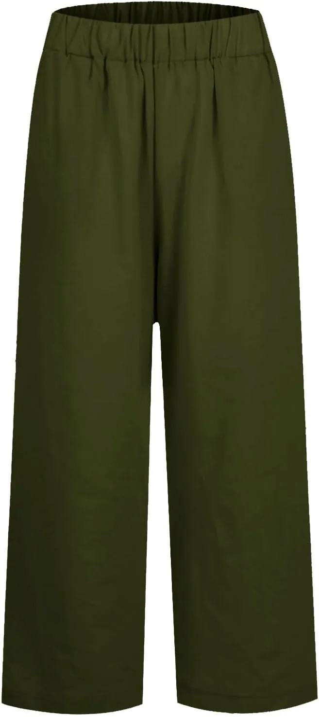 fanmpghleoo Women's Summer Casual Linen Pants Elastic Waist Loose Fit Straight Leg Crop Pants Beach Trousers with Pockets