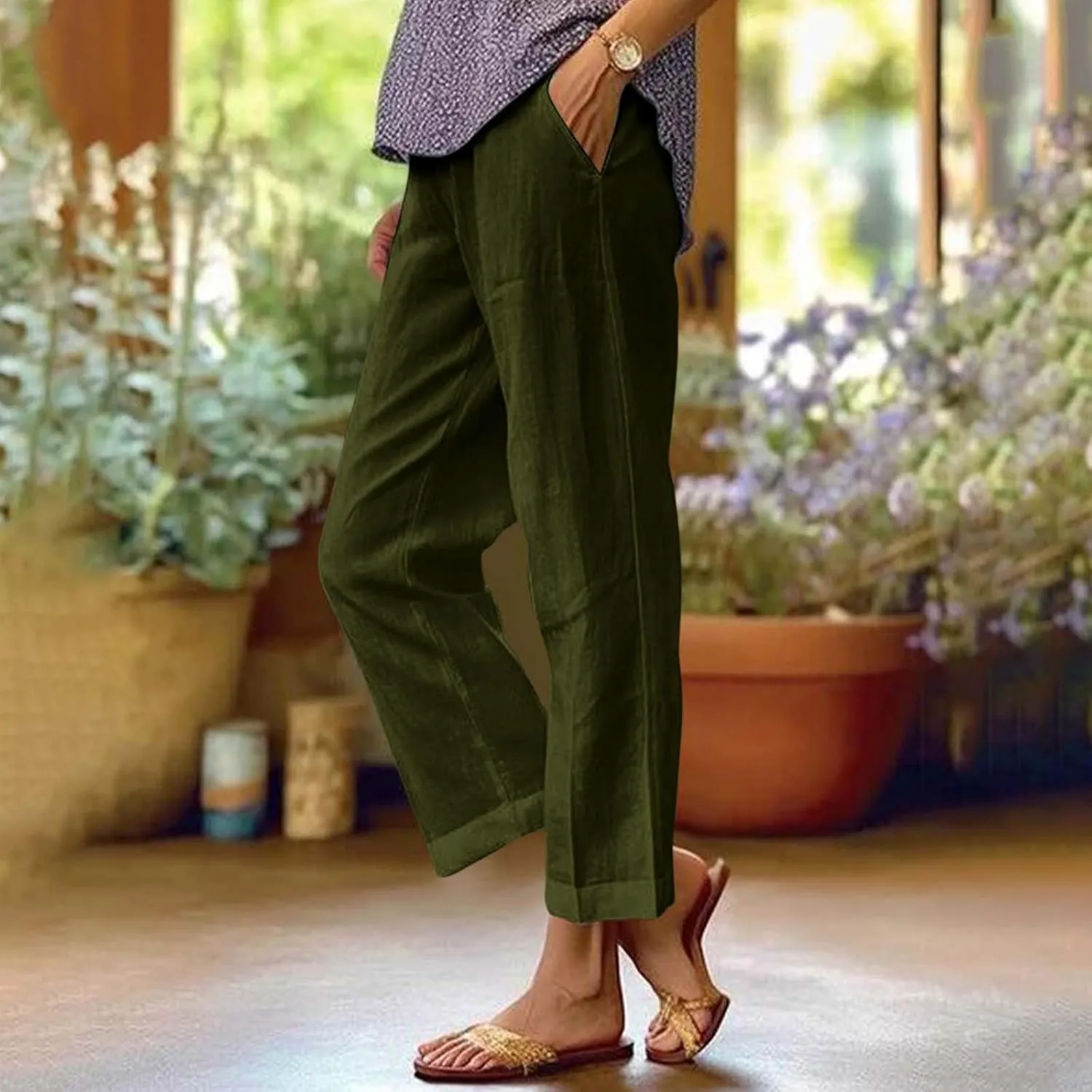 fanmpghleoo Women's Summer Casual Linen Pants Elastic Waist Loose Fit Straight Leg Crop Pants Beach Trousers with Pockets