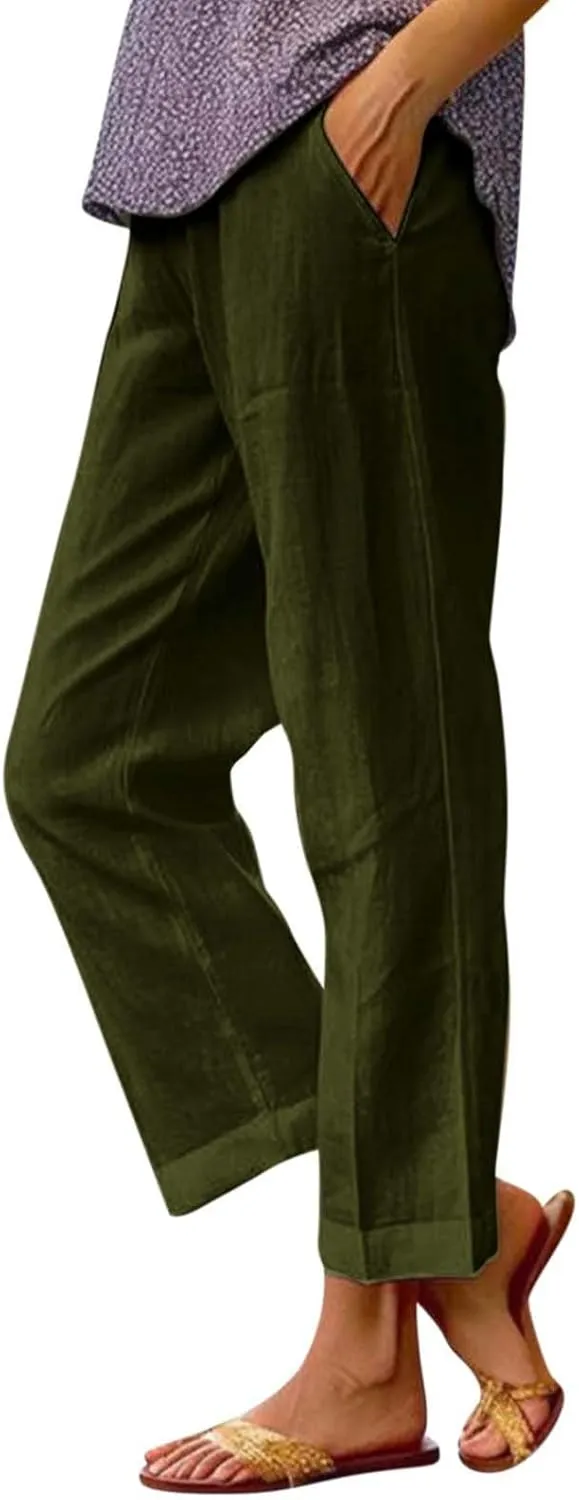 fanmpghleoo Women's Summer Casual Linen Pants Elastic Waist Loose Fit Straight Leg Crop Pants Beach Trousers with Pockets