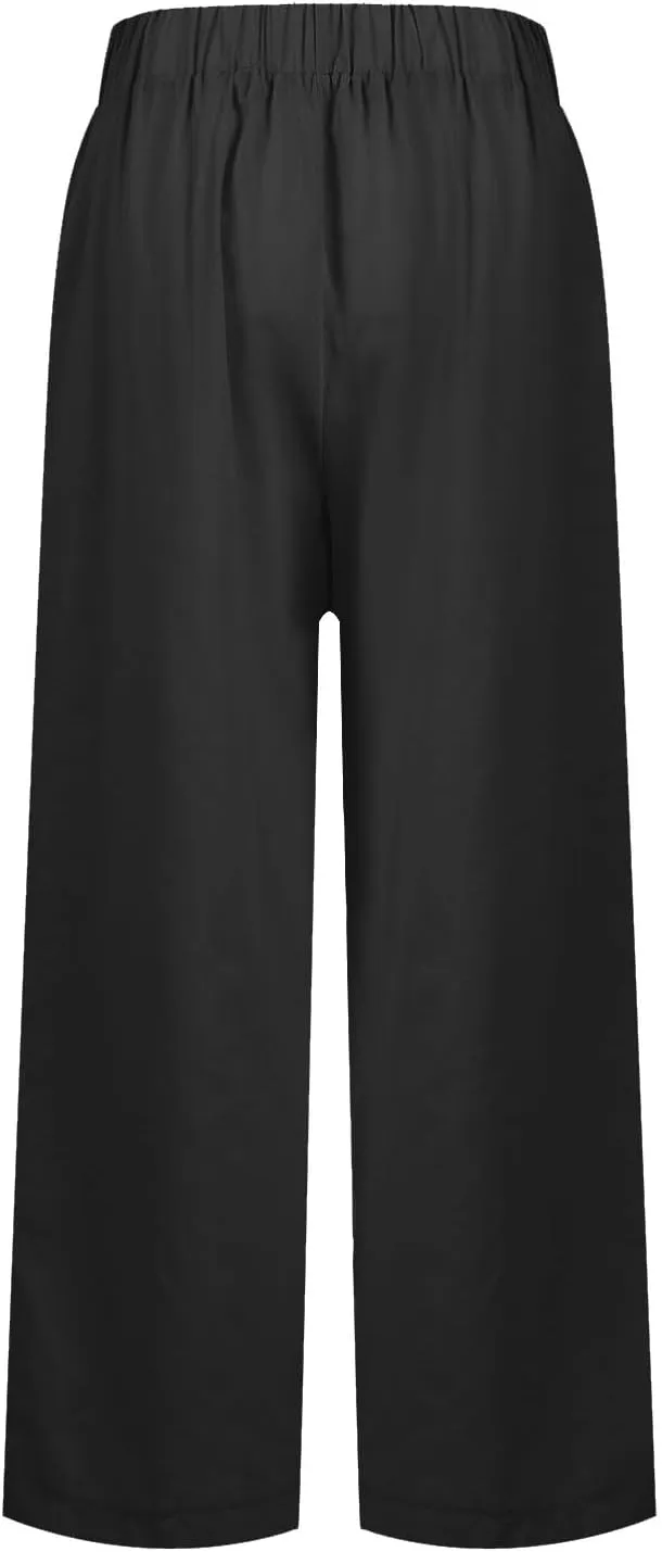 fanmpghleoo Women's Summer Casual Linen Pants Elastic Waist Loose Fit Straight Leg Crop Pants Beach Trousers with Pockets