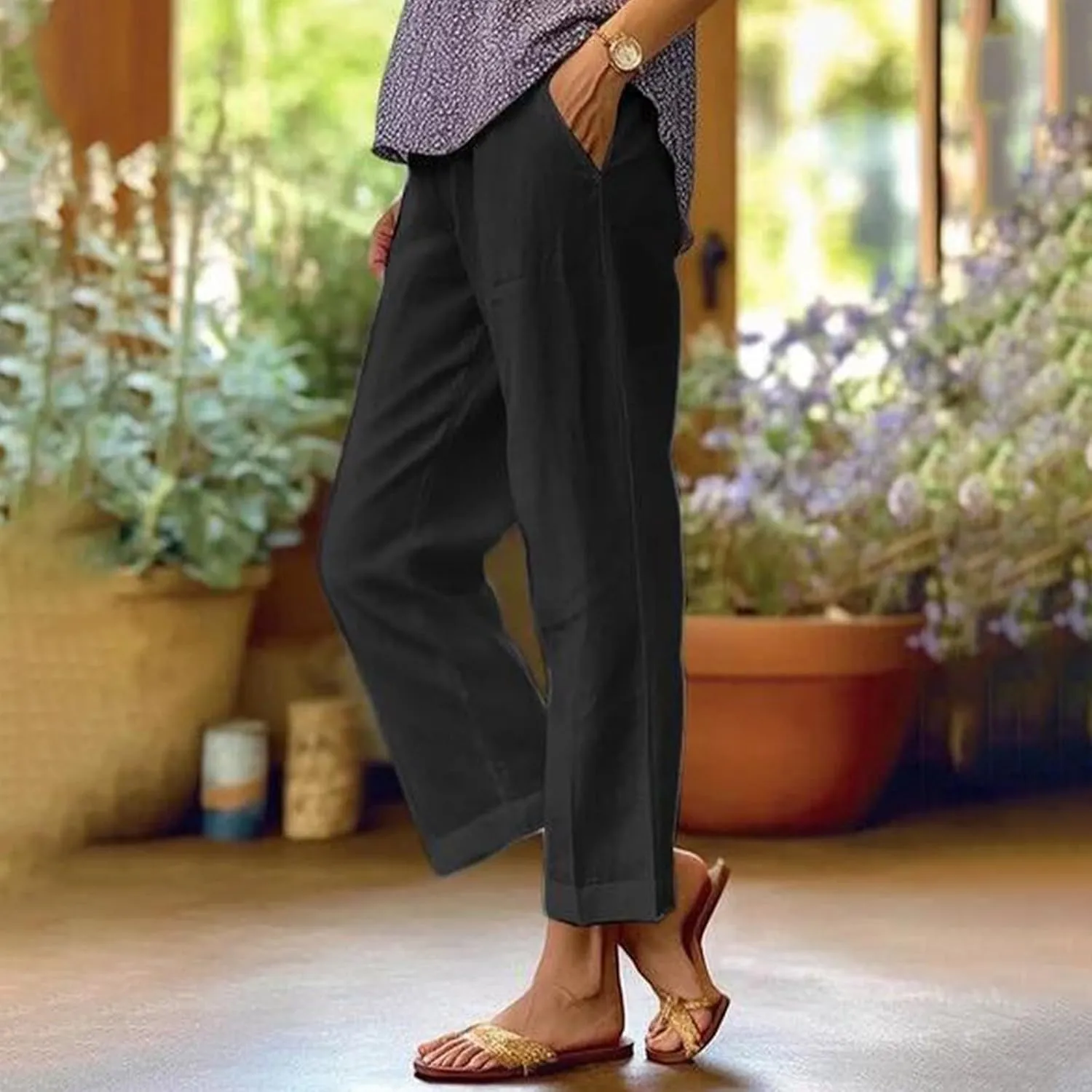 fanmpghleoo Women's Summer Casual Linen Pants Elastic Waist Loose Fit Straight Leg Crop Pants Beach Trousers with Pockets