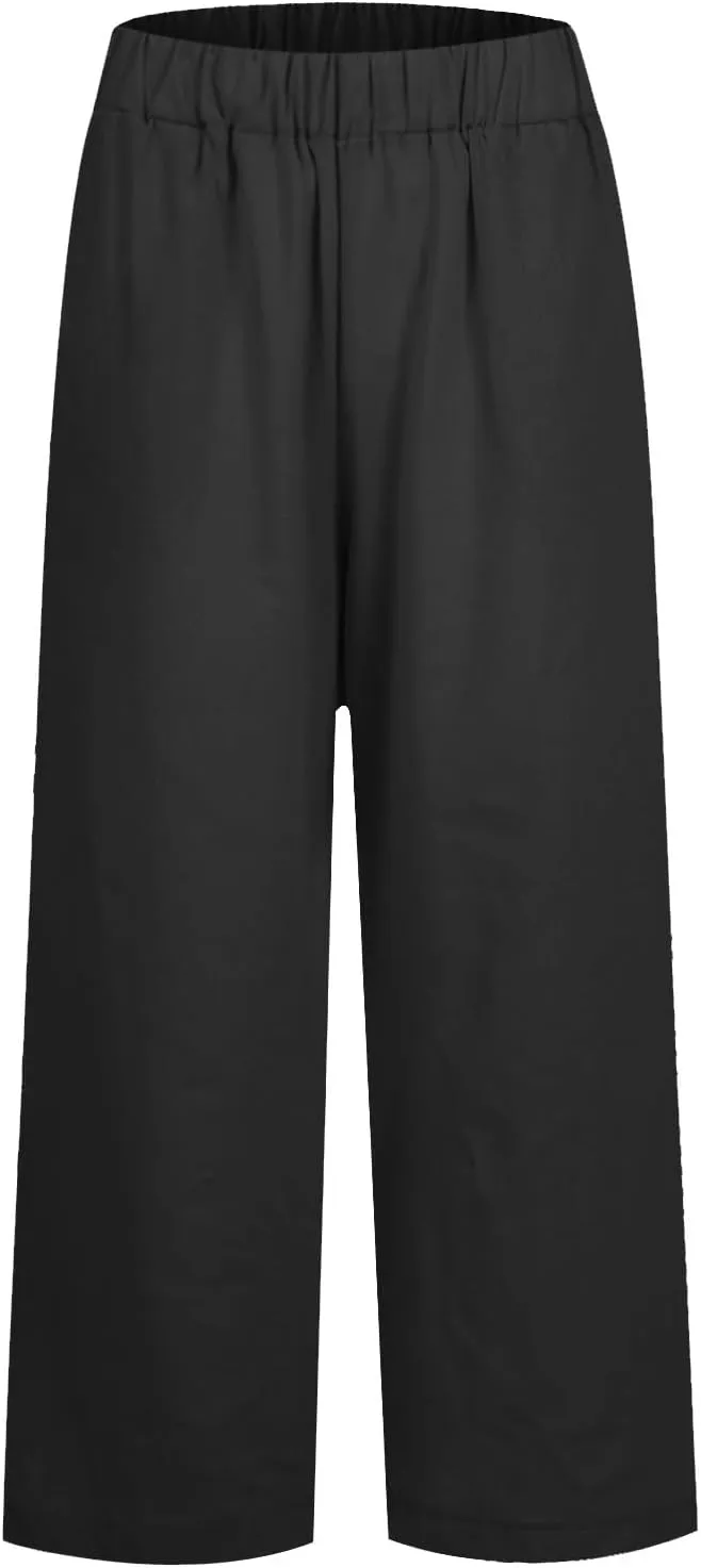 fanmpghleoo Women's Summer Casual Linen Pants Elastic Waist Loose Fit Straight Leg Crop Pants Beach Trousers with Pockets