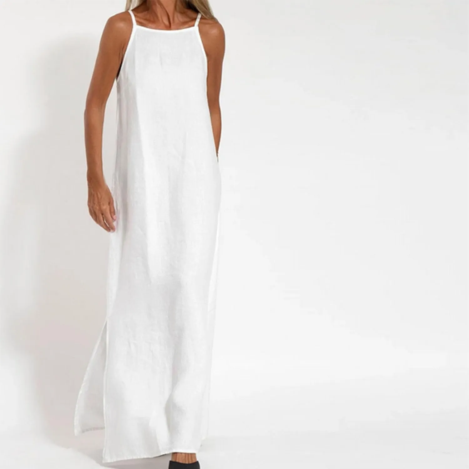 Firzero Womens Casual Tank Dress 2024 Summer Crewneck Sleeveless Sundress Cotton Linen Long Dresses Flowy Maxi Beach Dress