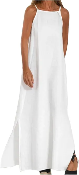 Firzero Womens Casual Tank Dress 2024 Summer Crewneck Sleeveless Sundress Cotton Linen Long Dresses Flowy Maxi Beach Dress
