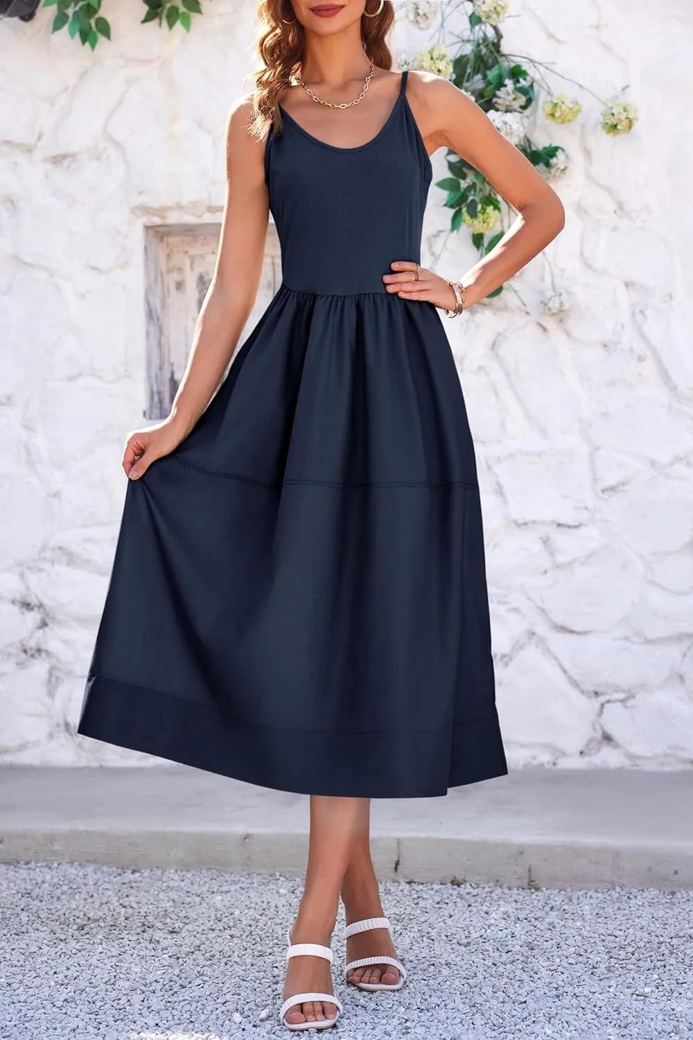 Fisoew Womens Spaghetti Strap Dress V Neck Backless Summer Casual A Line Cami Dress with Pocket