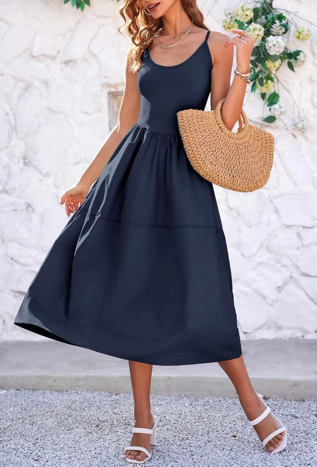 Fisoew Womens Spaghetti Strap Dress V Neck Backless Summer Casual A Line Cami Dress with Pocket