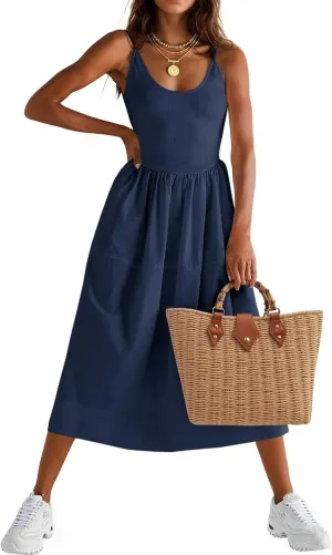 Fisoew Womens Spaghetti Strap Dress V Neck Backless Summer Casual A Line Cami Dress with Pocket