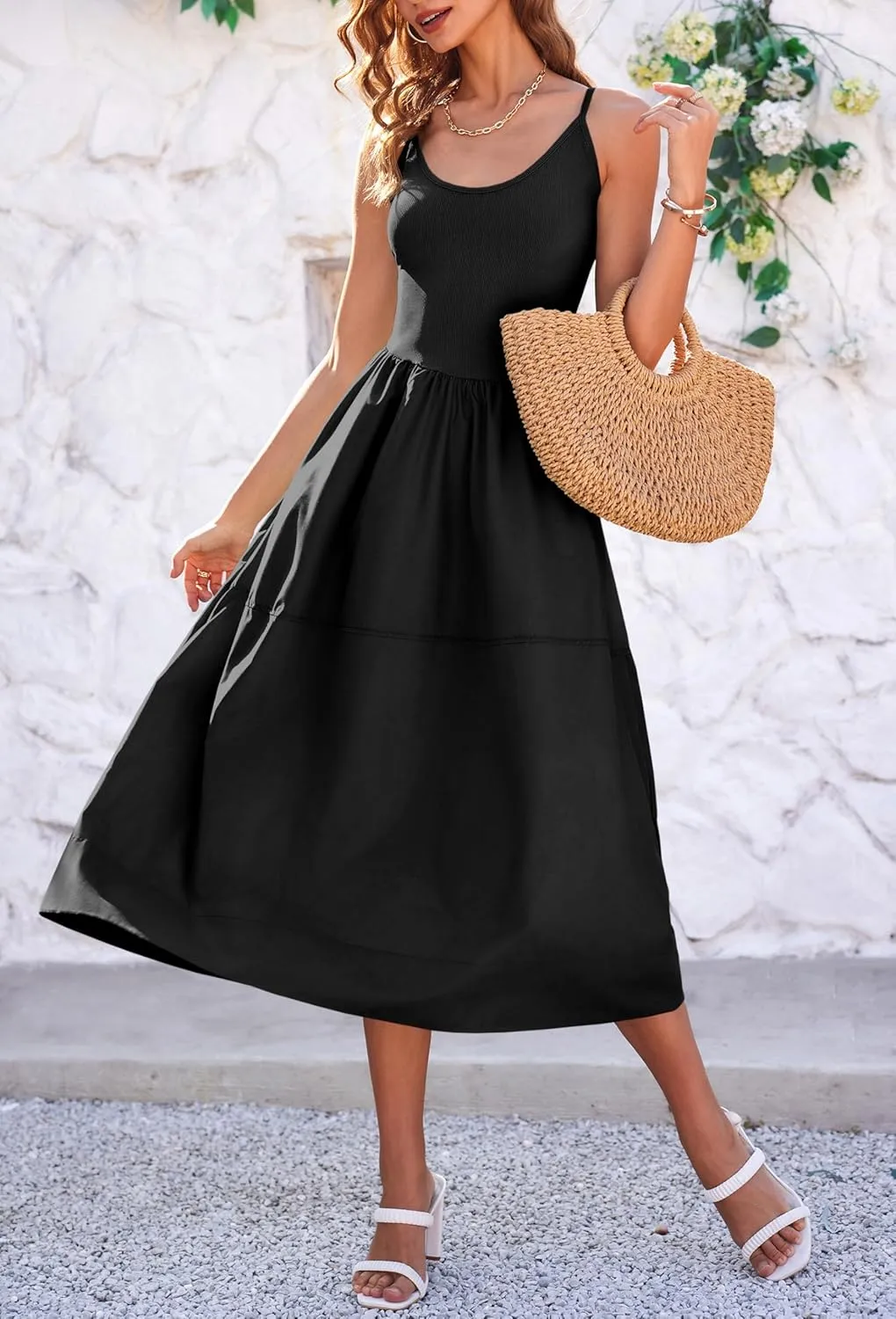 Fisoew Womens Spaghetti Strap Dress V Neck Backless Summer Casual A Line Cami Dress with Pocket