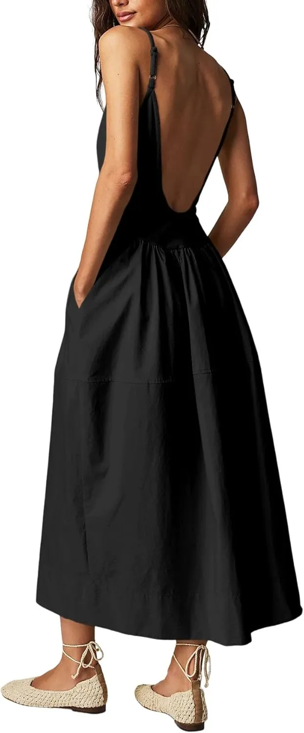 Fisoew Womens Spaghetti Strap Dress V Neck Backless Summer Casual A Line Cami Dress with Pocket