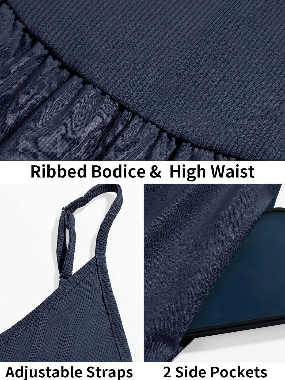 Fisoew Womens Spaghetti Strap Dress V Neck Backless Summer Casual A Line Cami Dress with Pocket