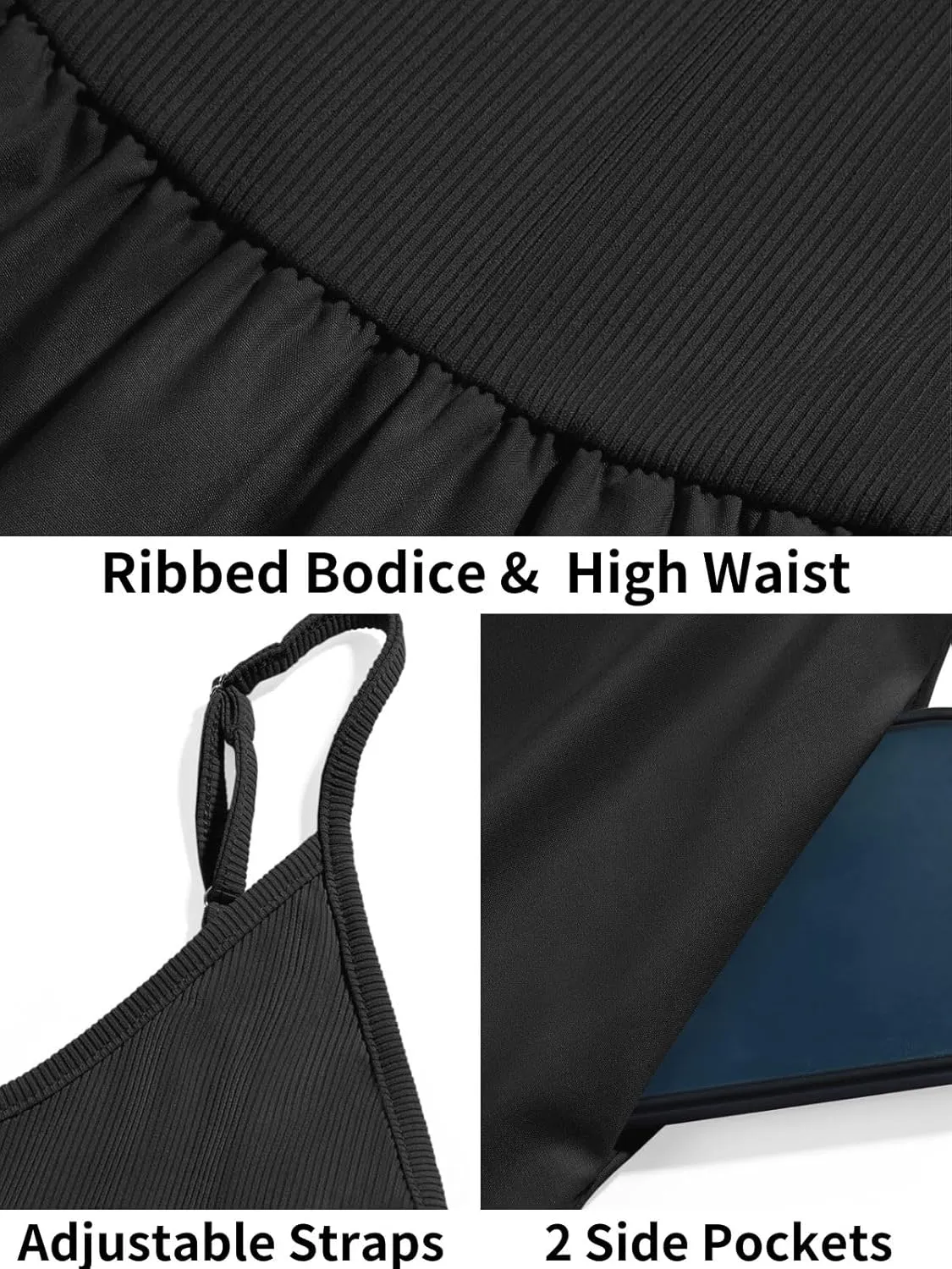Fisoew Womens Spaghetti Strap Dress V Neck Backless Summer Casual A Line Cami Dress with Pocket