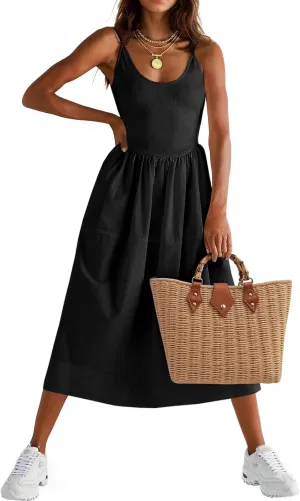 Fisoew Womens Spaghetti Strap Dress V Neck Backless Summer Casual A Line Cami Dress with Pocket