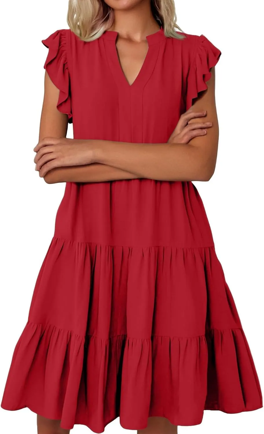 Flutter Sleeve Dress for Women V Neck Pleated Tiered Flowy Dress Summer Boho Beach A Line Midi Dresses with Pockets