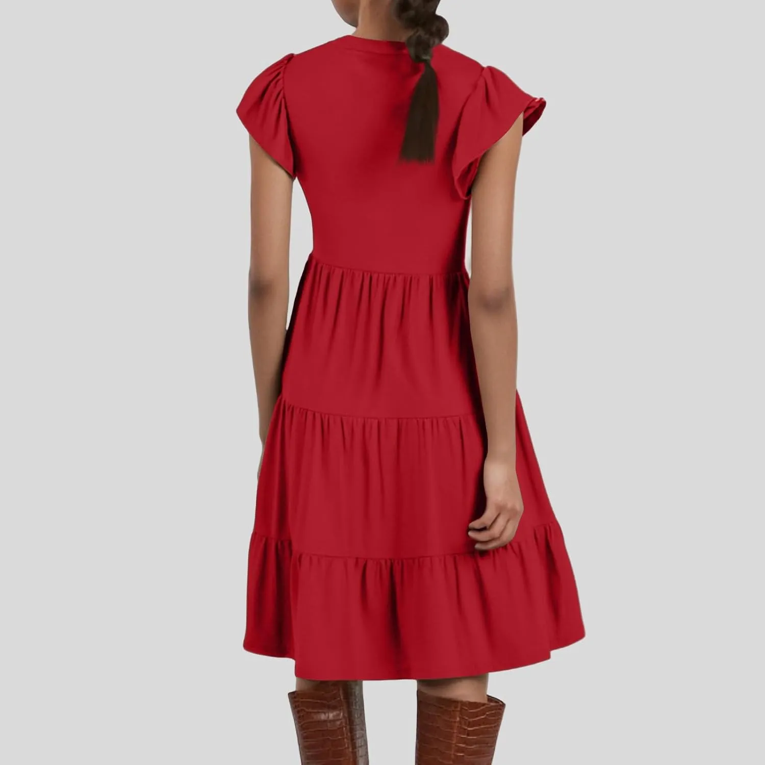 Flutter Sleeve Dress for Women V Neck Pleated Tiered Flowy Dress Summer Boho Beach A Line Midi Dresses with Pockets