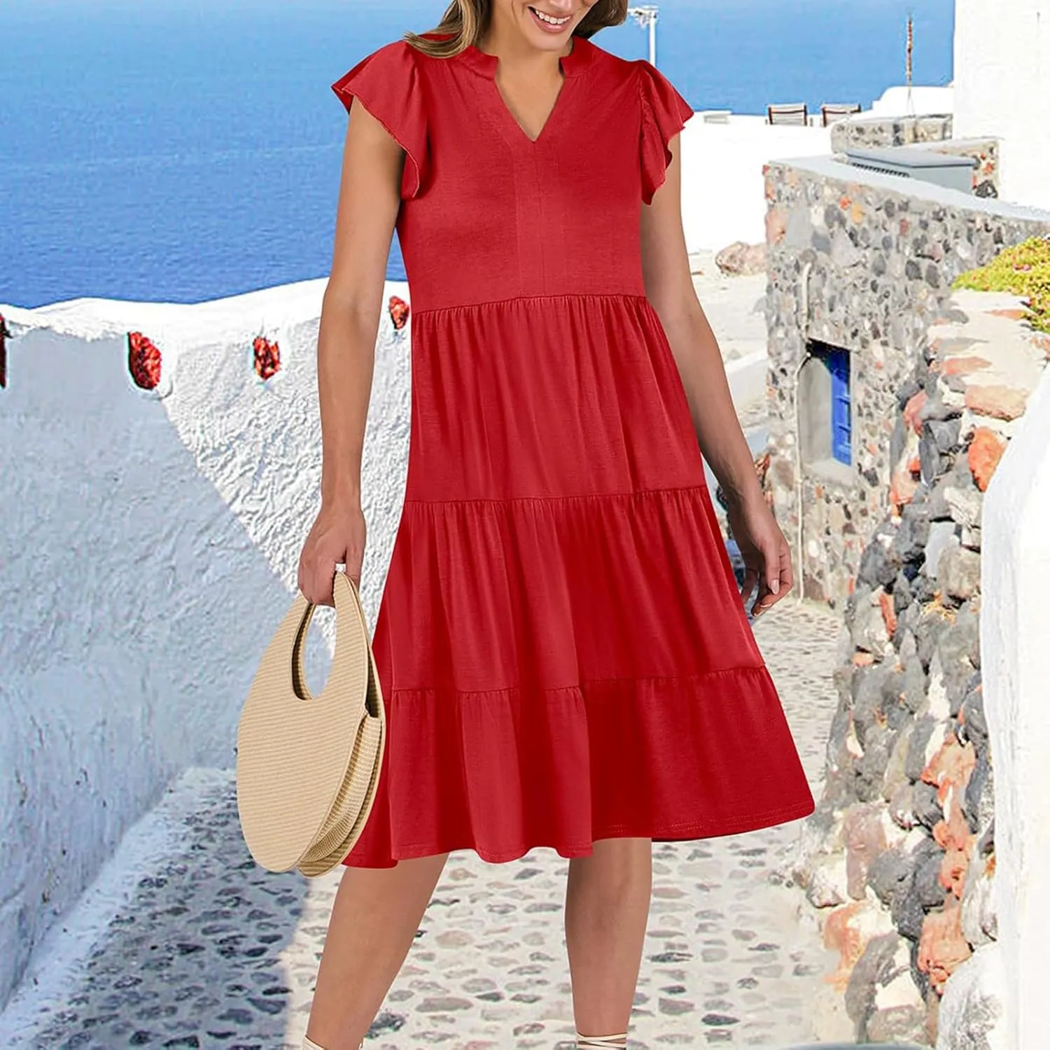 Flutter Sleeve Dress for Women V Neck Pleated Tiered Flowy Dress Summer Boho Beach A Line Midi Dresses with Pockets