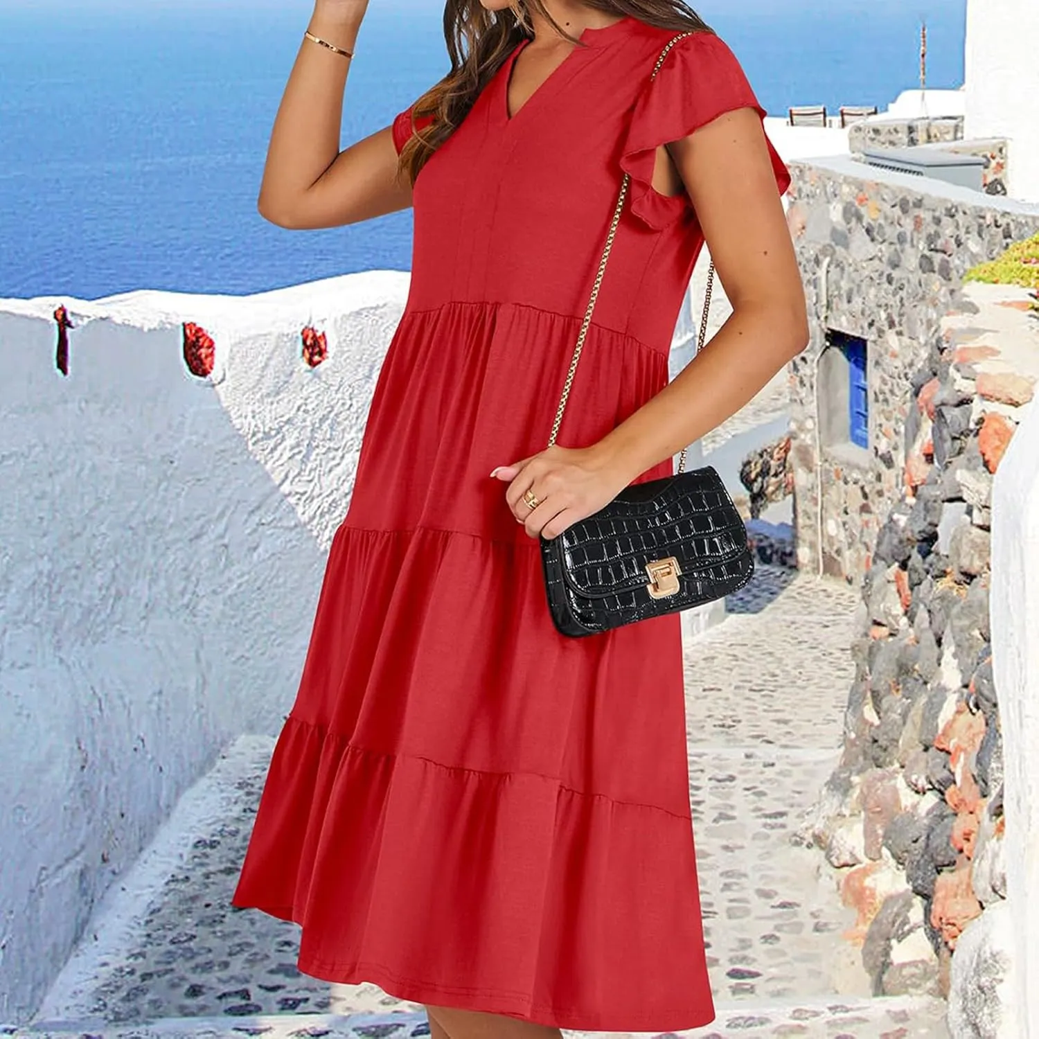 Flutter Sleeve Dress for Women V Neck Pleated Tiered Flowy Dress Summer Boho Beach A Line Midi Dresses with Pockets
