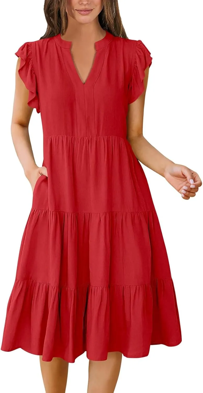 Flutter Sleeve Dress for Women V Neck Pleated Tiered Flowy Dress Summer Boho Beach A Line Midi Dresses with Pockets