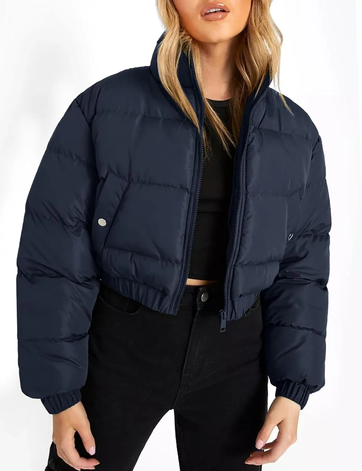 Flygo Women's Cropped Puffer Jacket Zip Up Stand Collar Padded Winter Down Coat