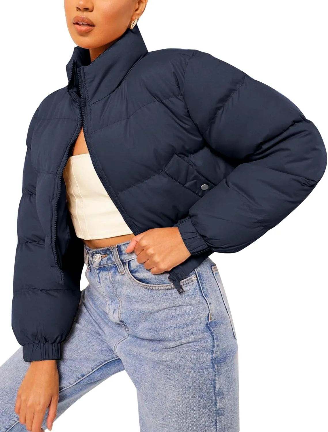 Flygo Women's Cropped Puffer Jacket Zip Up Stand Collar Padded Winter Down Coat