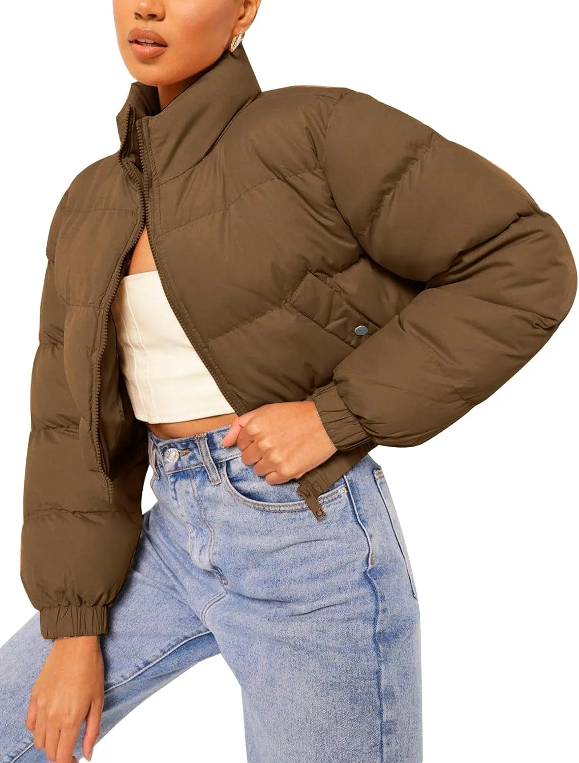 Flygo Women's Cropped Puffer Jacket Zip Up Stand Collar Padded Winter Down Coat
