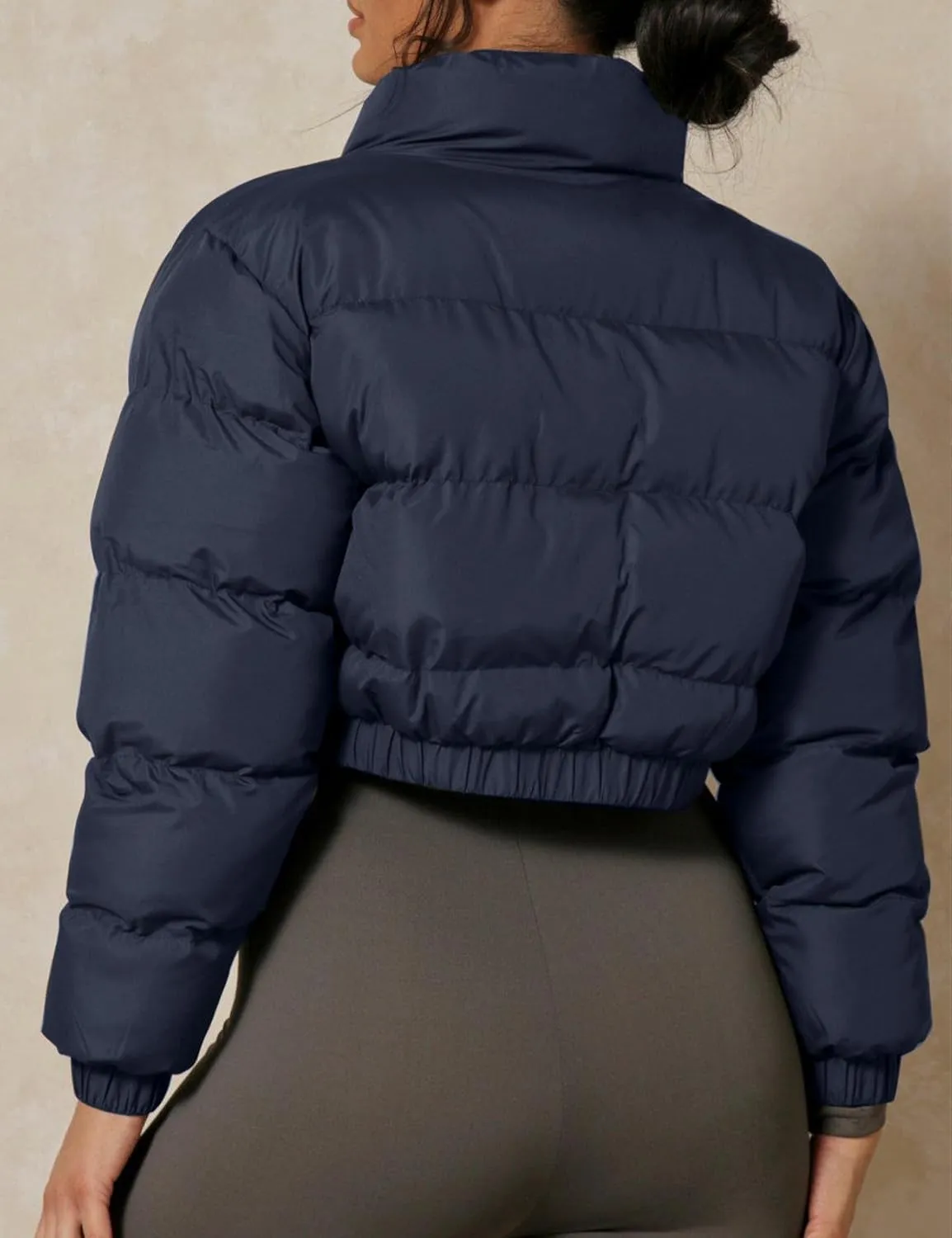 Flygo Women's Cropped Puffer Jacket Zip Up Stand Collar Padded Winter Down Coat