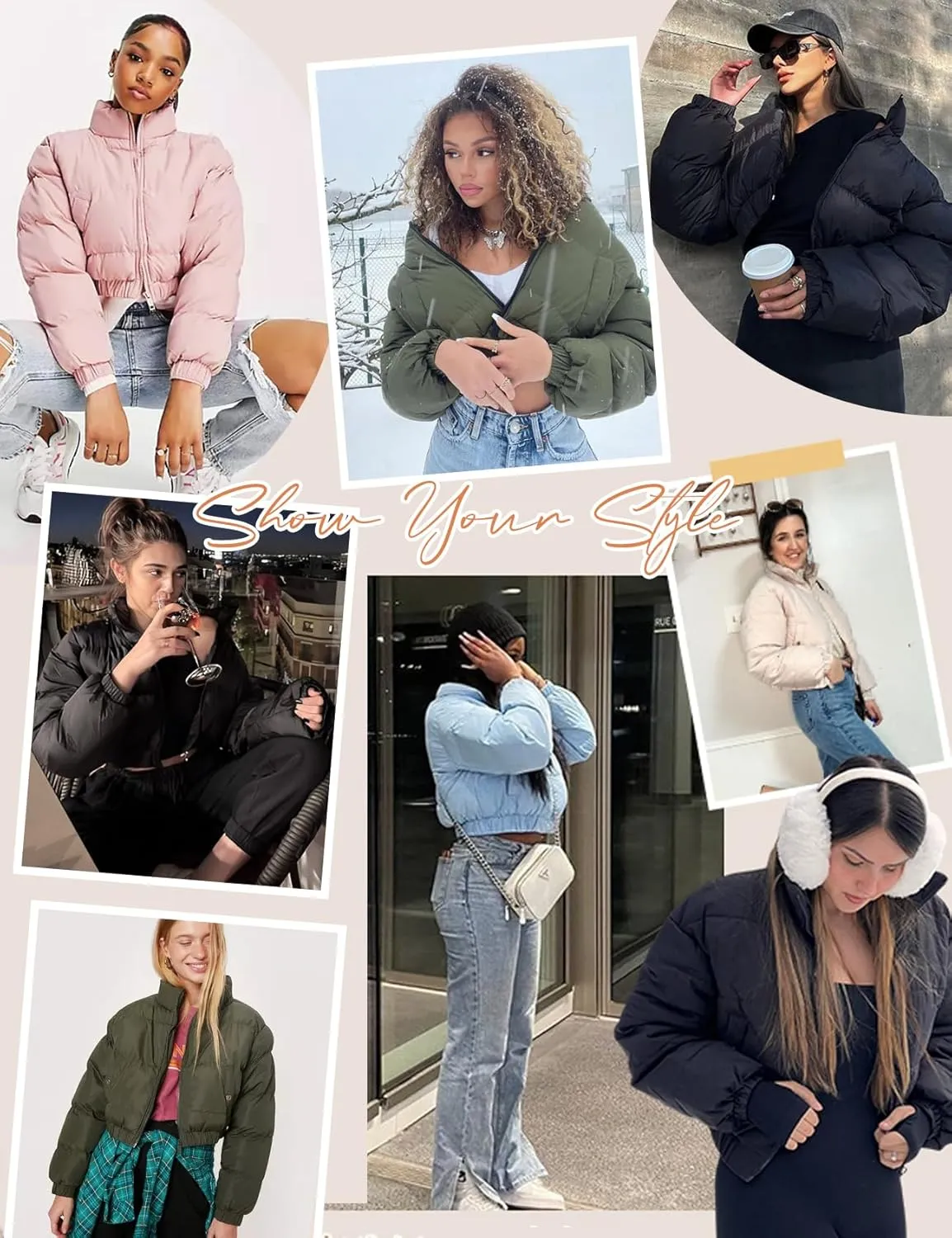 Flygo Women's Cropped Puffer Jacket Zip Up Stand Collar Padded Winter Down Coat
