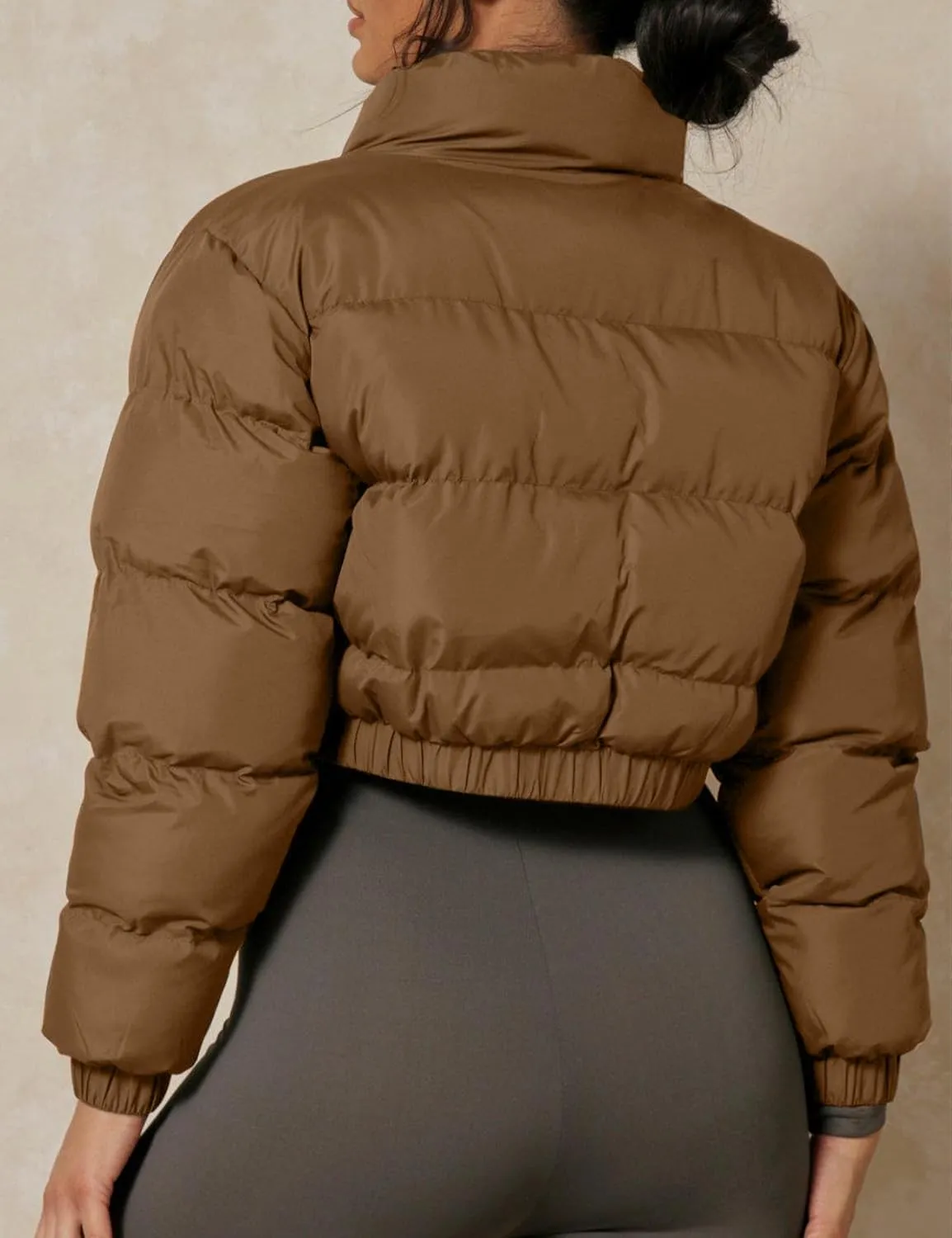 Flygo Women's Cropped Puffer Jacket Zip Up Stand Collar Padded Winter Down Coat