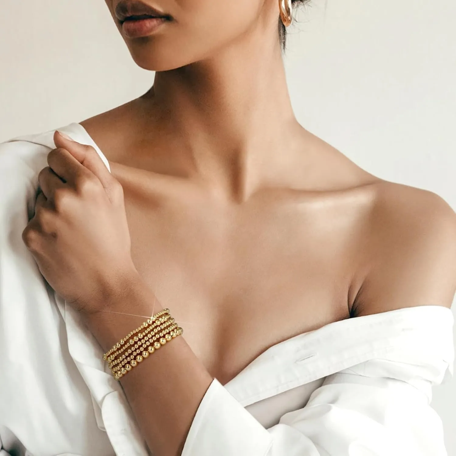 Gold Beaded Bracelets for Women, 14k Gold Plated Bead Bracelets Hypoallergenic Stackable Bracelets Dainty Gold Stretch Bracelets for Women Trendy Jewelry Birthday Christmas Gifts for Women