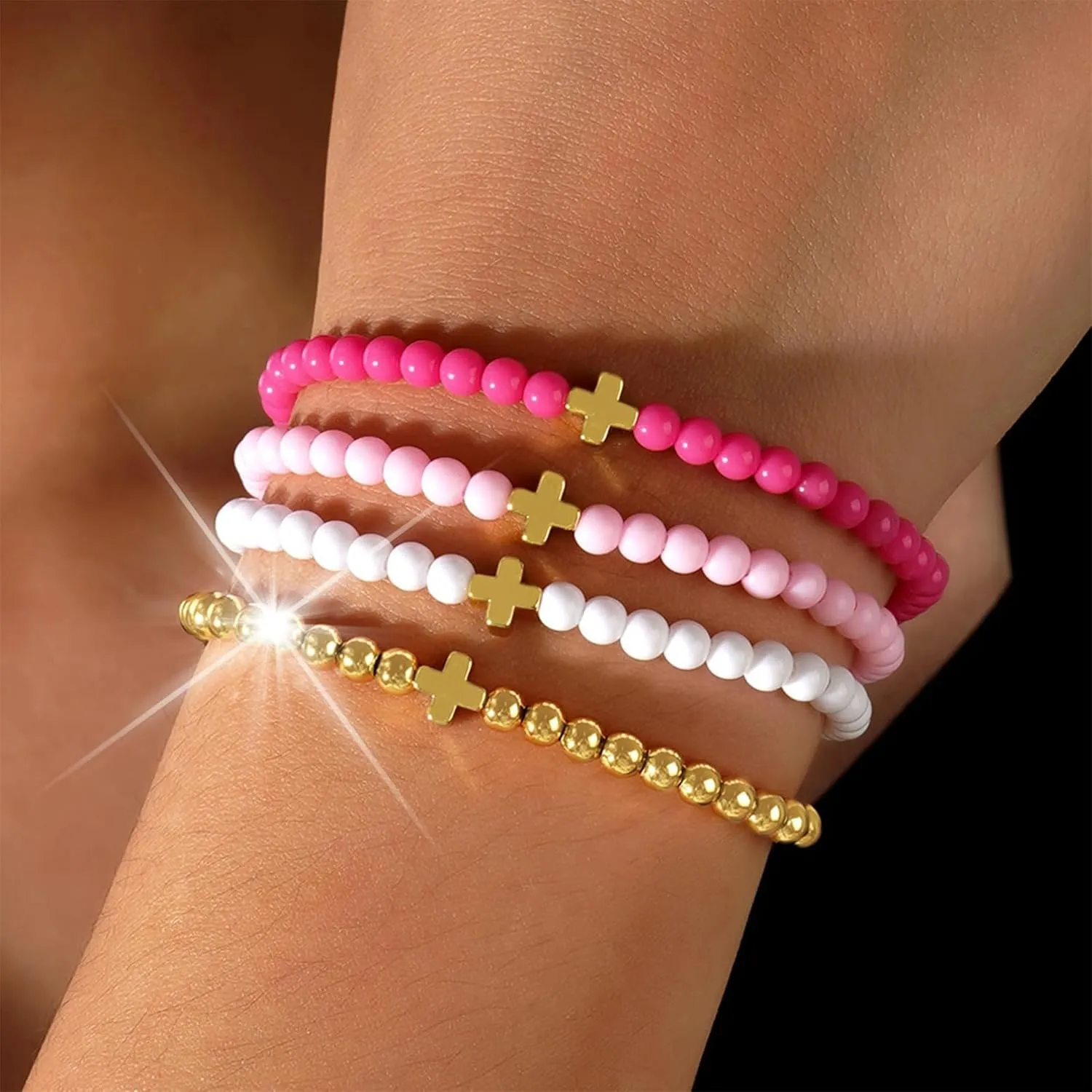 Gold Beaded Bracelets for Women Handmade Cross Beaded Stretch Bracelets Stackable Stocking Stuffers Non Tarnish Gold Bracelet Trendy Jewelry Women Gifts for Christmas