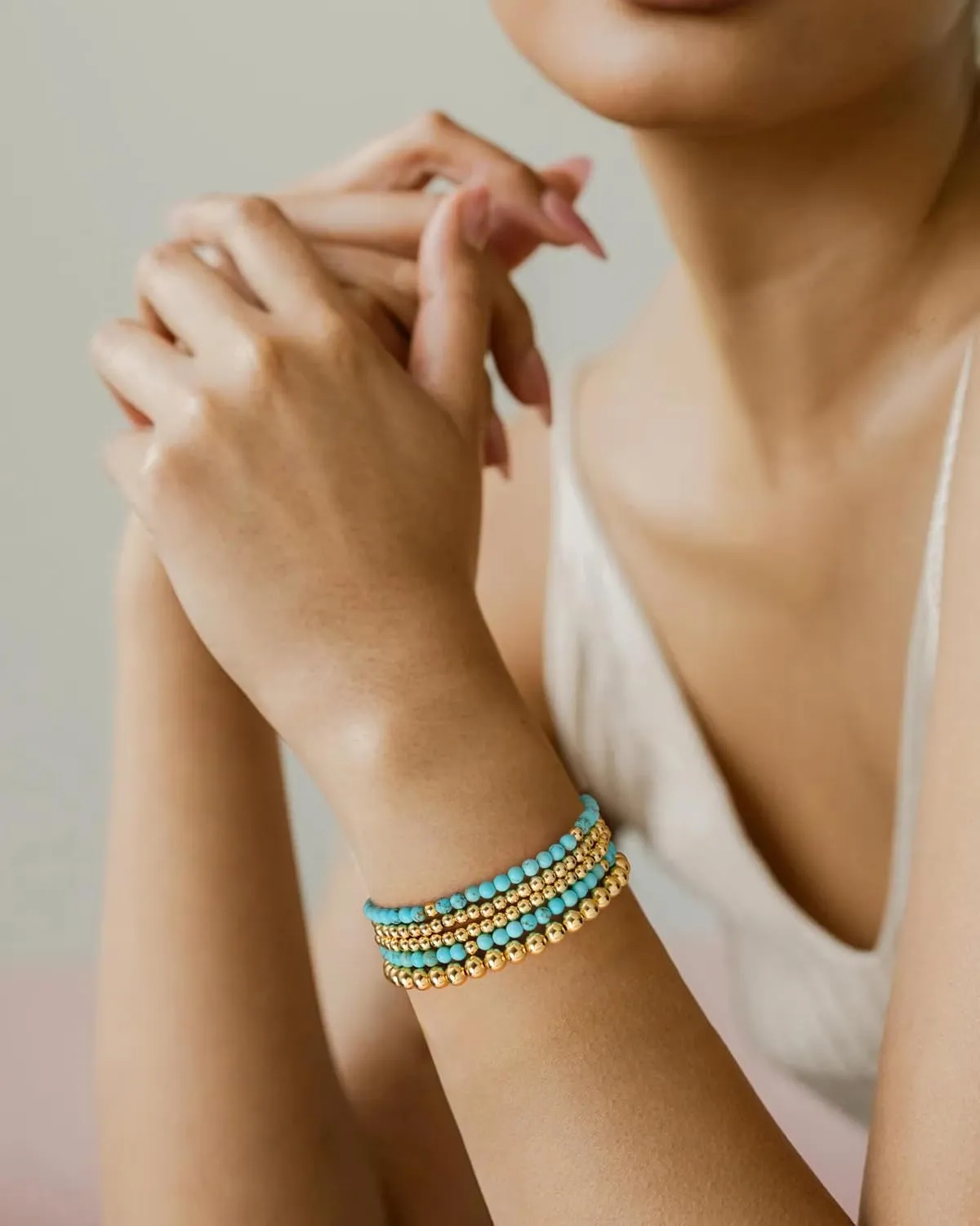 Gold Beaded Bracelets for Women Stackable Gold Bracelets for Women 14K Gold Plated Stretch Bead Ball Bracelet Hypoallergenic Bohemian Bracelets