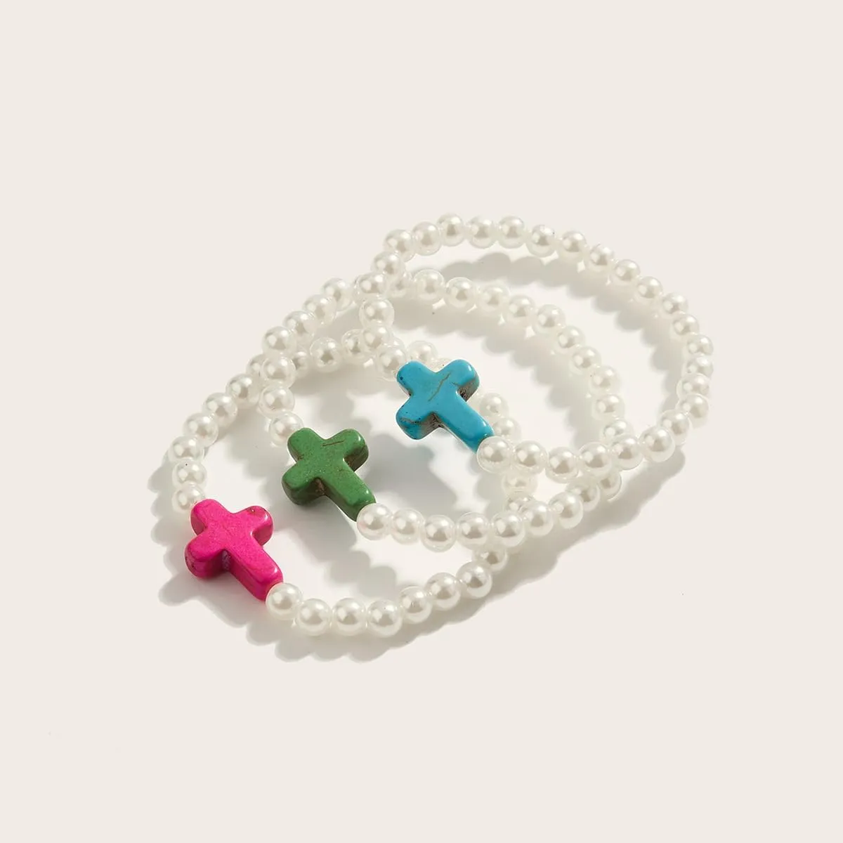 Gold Beads Cross Bracelets Beaded Colorful Cross Charm Stackable Bracelets Bead Ball Strand Bracelets Handmade Stackable Pearl Beaded Cross Bracelet