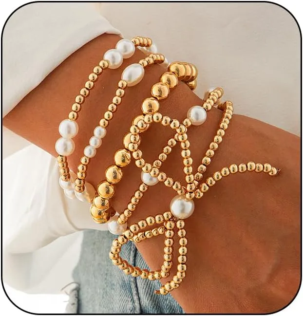 Gold Bow Bracelet for Women Gold Bracelets Stackable Gold Beaded Bracelet Stretch Pearl Bow Bracelets Gold Jewelry Christmas Stocking Stuffers for Women