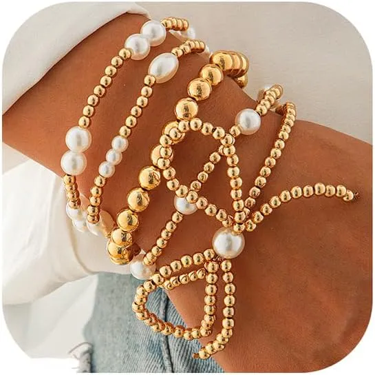 Gold Bow Bracelet Set for Women Gold Bow Beaded Bracelets Cubic Zirconia Stackable Charm Stretch Bead Bracelets Pearl Bracelets Link Layered Statement Jewelry