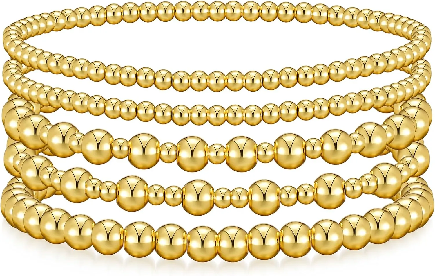 Gold Bracelets for Women Gold Bracelet Stack Gold Beaded Bracelets for Women 14K Gold Plated Stretch Bead Ball Bracelet Sets Jewelry for Christmas Birthday Gifts