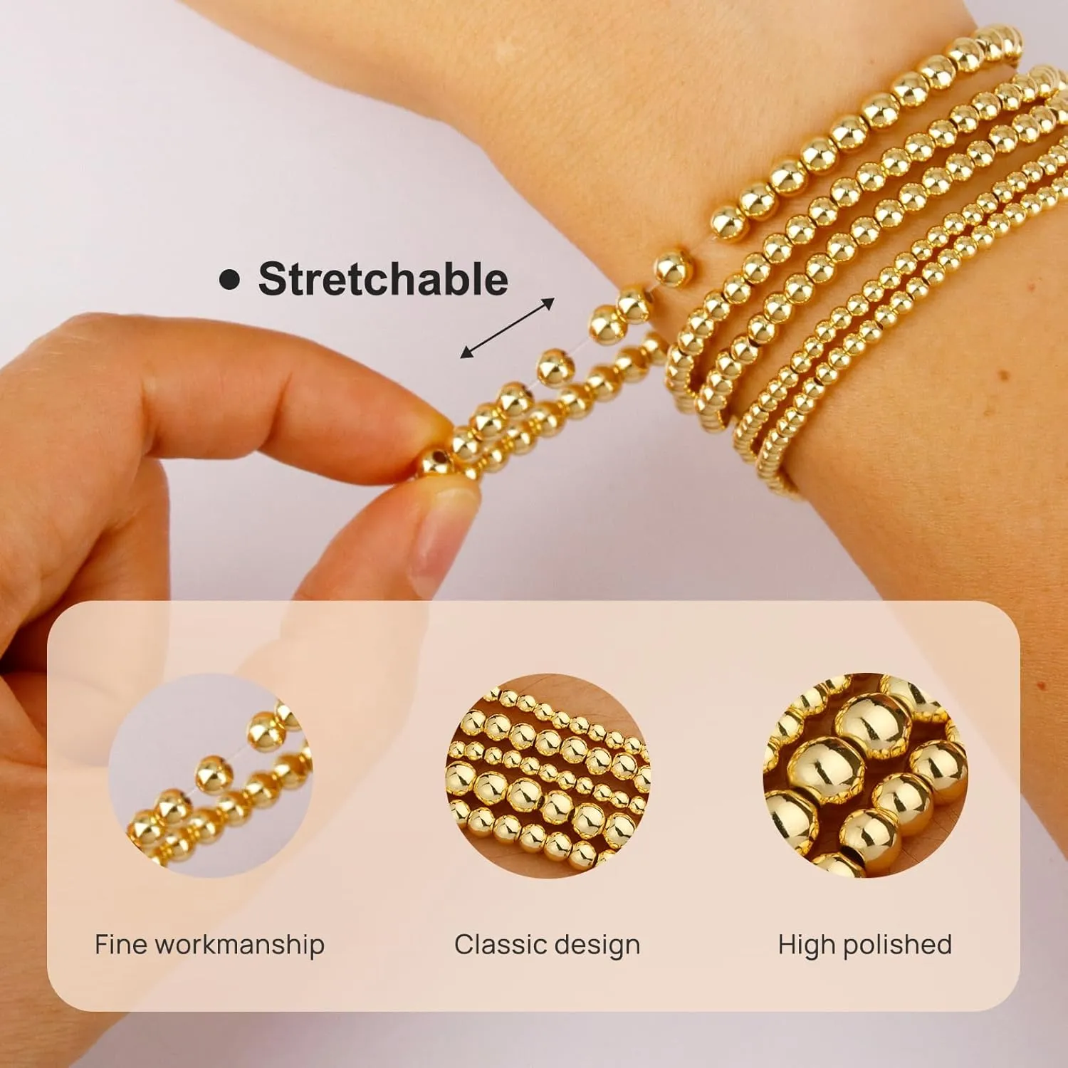 Gold Bracelets for Women Gold Bracelet Stack Pearl Beaded Bracelets for Women 14K Gold Plated Stretch Bead Ball Bracelet Sets Jewelry for Mother's Day Birthday Gifts