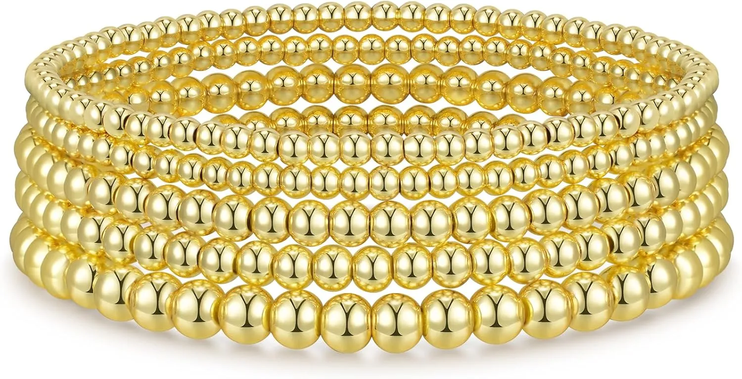 Gold Bracelets for Women Gold Bracelet Stack Pearl Beaded Bracelets for Women 14K Gold Plated Stretch Bead Ball Bracelet Sets Jewelry for Mother's Day Birthday Gifts