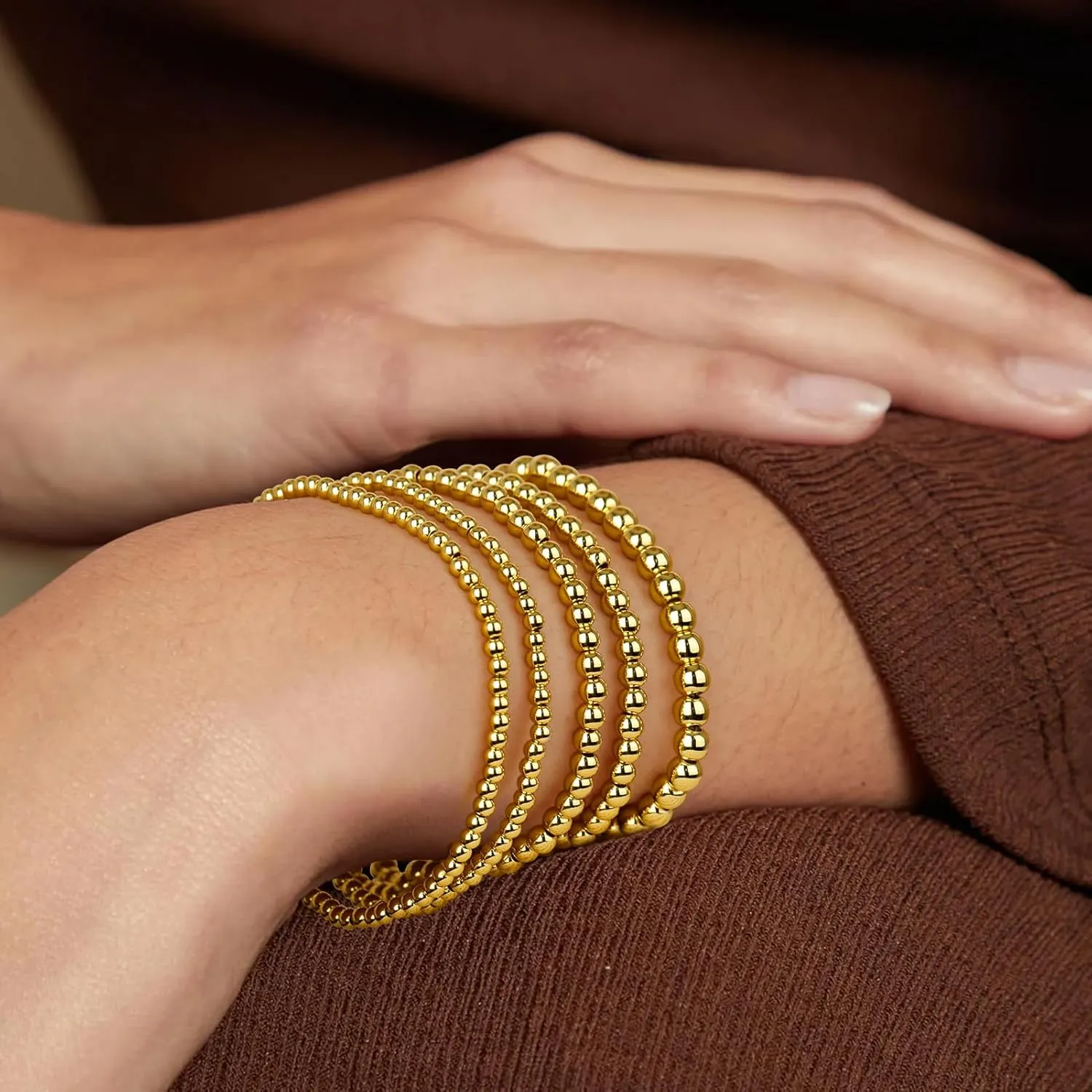 Gold Bracelets for Women Gold Bracelet Stack Pearl Beaded Bracelets for Women 14K Gold Plated Stretch Bead Ball Bracelet Sets Jewelry for Mother's Day Birthday Gifts