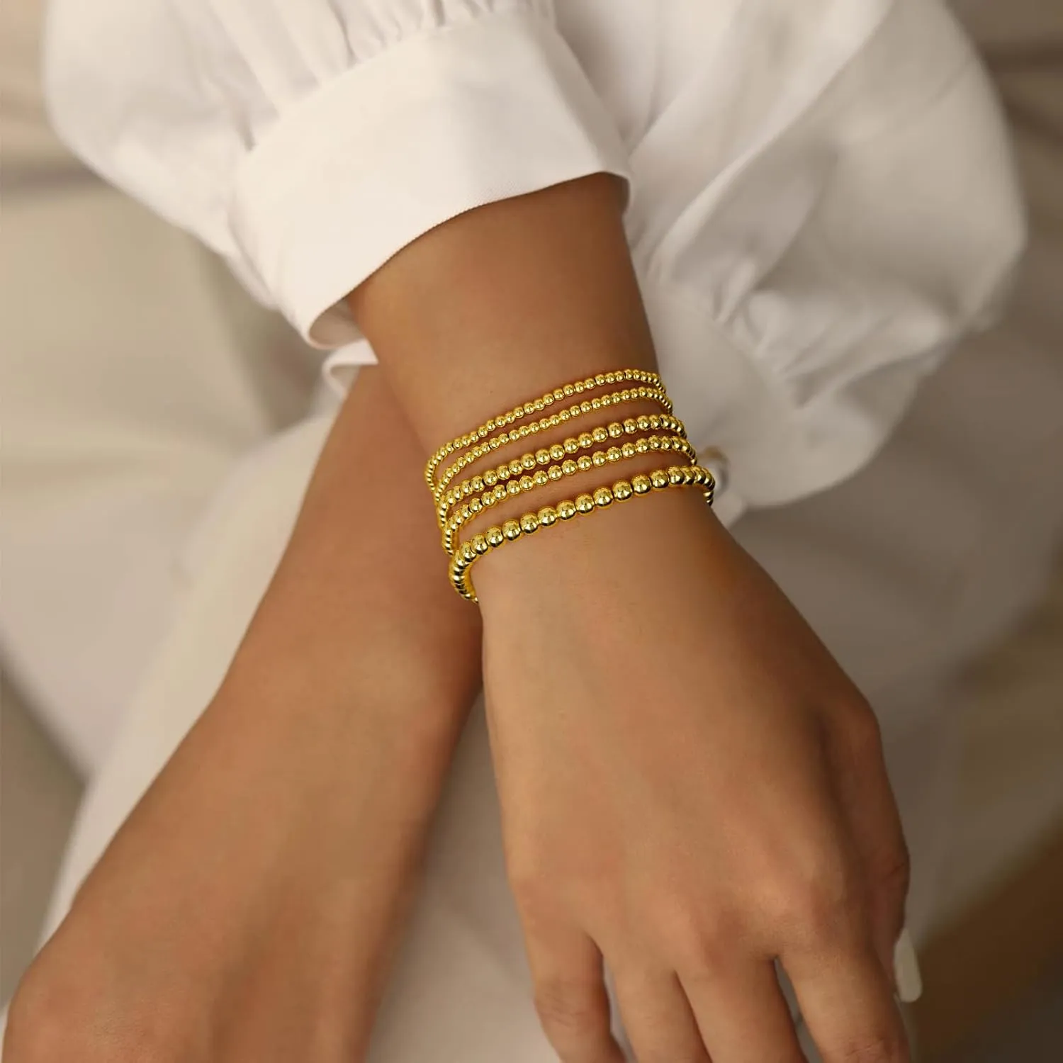 Gold Bracelets for Women Gold Bracelet Stack Pearl Beaded Bracelets for Women 14K Gold Plated Stretch Bead Ball Bracelet Sets Jewelry for Mother's Day Birthday Gifts