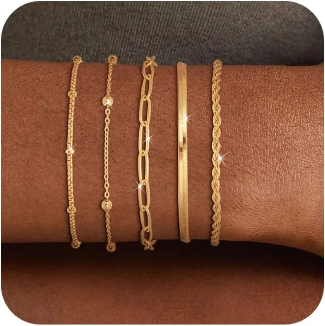 Gold Bracelets for Women Waterproof, 14K Real Gold Jewelry Trendy Thin Dainty Stackable Bracelet Pack Fashion Accessories Gifts for Womens Dainty Bracelets Silver Jewelry Gifts for Women Christmas