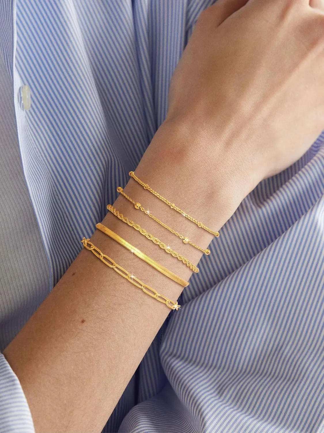 Gold Bracelets for Women Waterproof, 14K Real Gold Jewelry Trendy Thin Dainty Stackable Bracelet Pack Fashion Accessories Gifts for Womens Dainty Bracelets Silver Jewelry Gifts for Women Christmas