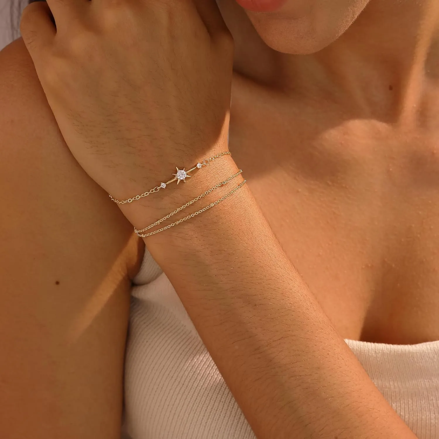 Gold Bracelets for Women,Dainty Gold Bracelet Stack 14K Gold Plated Pearl Bracelet Set Cute Tennis Bracelet Stackable Chain Bracelets for Women Waterproof Pearl Bead Bracelet Womens Jewelry