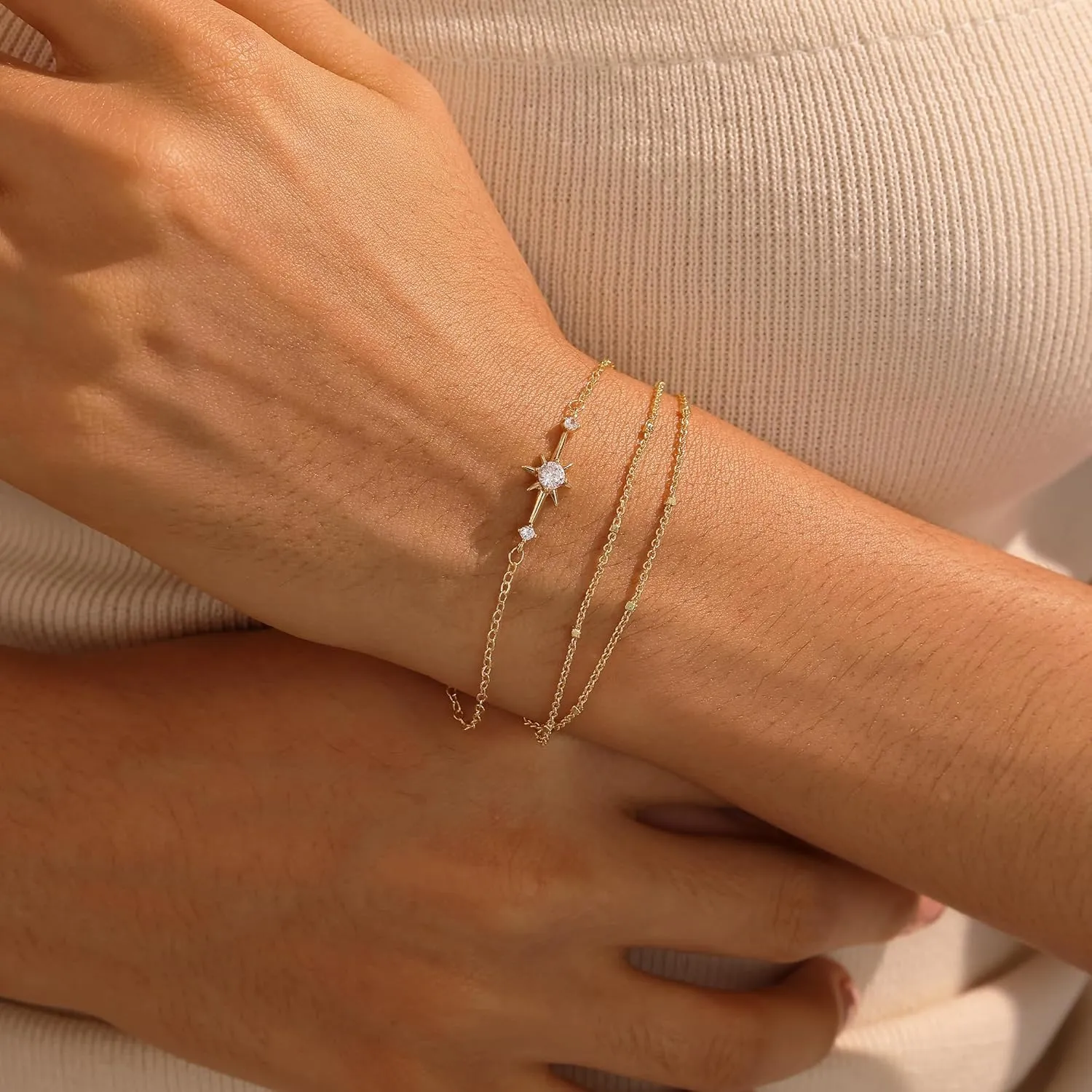 Gold Bracelets for Women,Dainty Gold Bracelet Stack 14K Gold Plated Pearl Bracelet Set Cute Tennis Bracelet Stackable Chain Bracelets for Women Waterproof Pearl Bead Bracelet Womens Jewelry