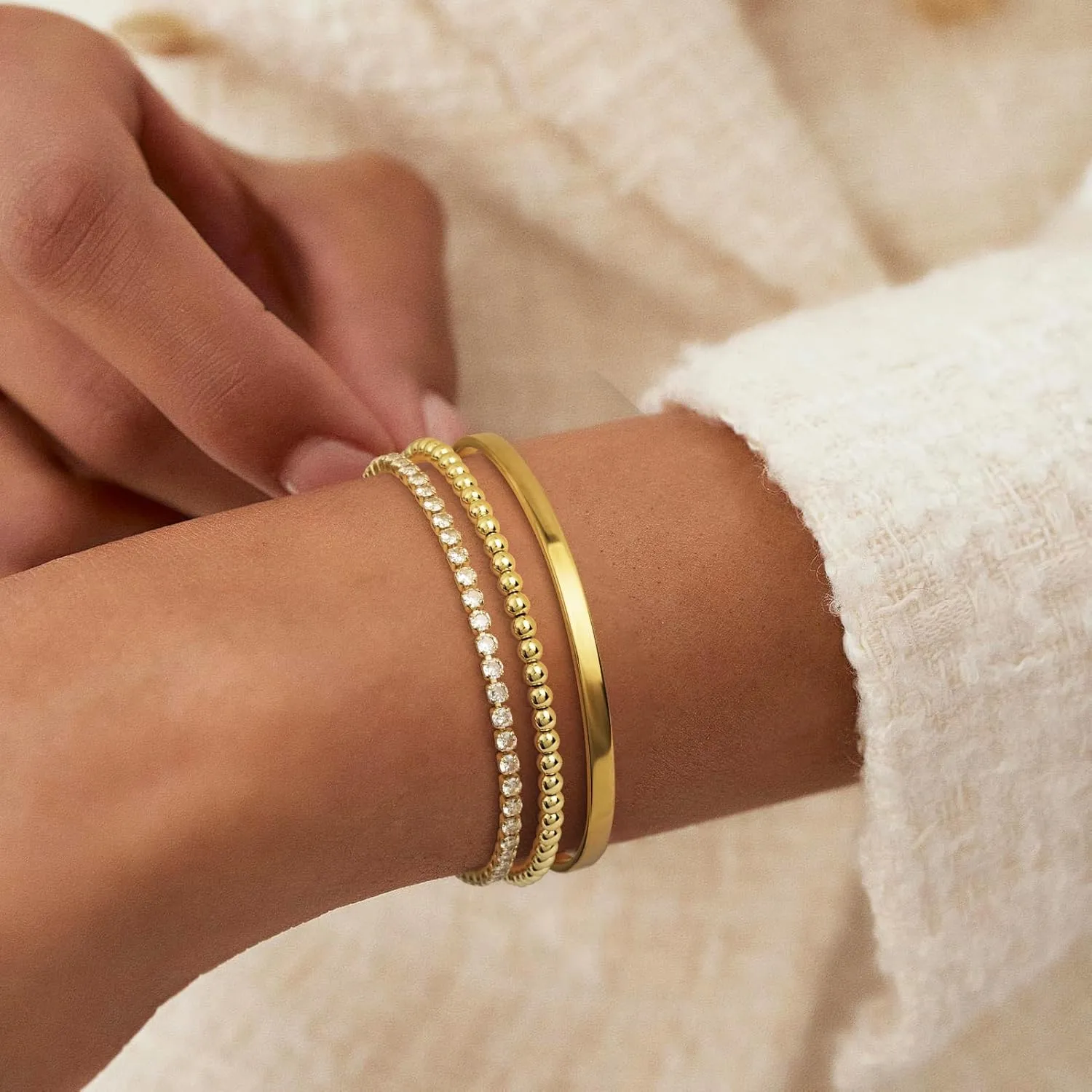 Gold Bracelets - Stackable Tennis & Cuff Bracelets, Gold Bangles, Cubic Zirconia, 18K Gold Plated, Gifts for Women & Girls