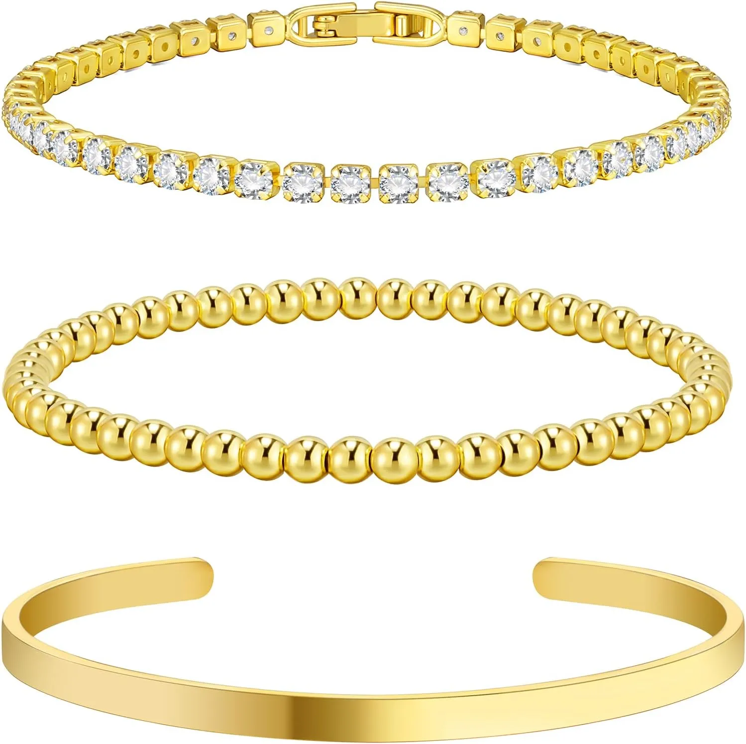 Gold Bracelets - Stackable Tennis & Cuff Bracelets, Gold Bangles, Cubic Zirconia, 18K Gold Plated, Gifts for Women & Girls