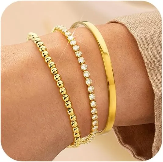 Gold Bracelets - Stackable Tennis & Cuff Bracelets, Gold Bangles, Cubic Zirconia, 18K Gold Plated, Gifts for Women & Girls