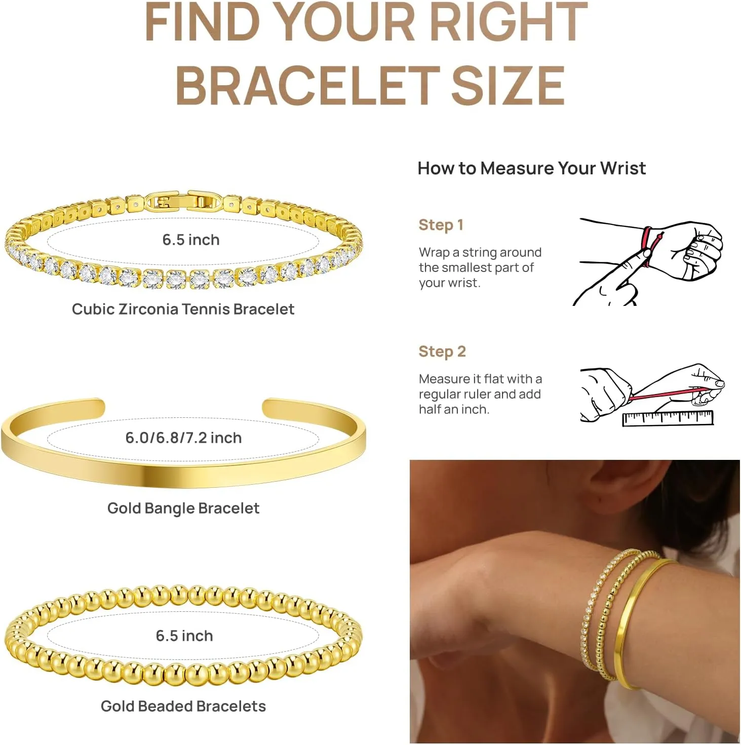 Gold Bracelets - Stackable Tennis & Cuff Bracelets, Gold Bangles, Cubic Zirconia, 18K Gold Plated, Gifts for Women & Girls